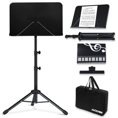 AODSK 5 in 1 Dual-Use Folding Sheet Music Stand & Desktop Book Stand, Adjustable Height Portable Music Stand with Carrying Bag, Sheet Music Clip & Book, for Home School Band, Black