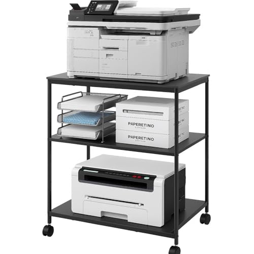 Heavy Duty 3-Tier Printer Stand with Locking Wheels, 23.6"x18.9" *31.5" Large Printer Table Shelf, Holds 100 lbs per Shelf - Fits Most 60" Desks, Perfect for Office, Home, Laser Printer or Mini Fridge - color: Black, size: 3-Tier