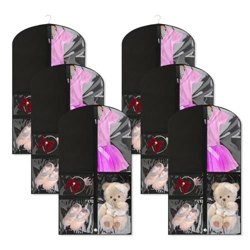 6 Pcs Garment Bags for Dance Costumes Waterproof Hanging Clothes Competition Bags with 3 Zippered Pockets Storage for Adults Kids(20" x 40"，Black) - size: 6 PACK