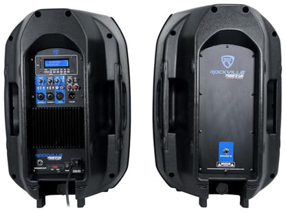 Rockville RPG122K 12" Powered PA Speaker Pair with 2 UHF Wireless Mics | 1000W Peak / 250W RMS, Bluetooth, USB/SD/FM, 2 Speaker Stands, Wired Microphone, RWM-200 H2 200-Channel System, 2-Items