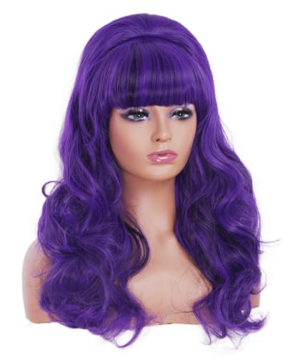 Rugelyss Long Wavy Purple Mixed Black Wigs for Women Fashion Synthetic Full Head Hair Wig with Bang and Bun for Cosplay Costume or Halloween Party - color: purple black