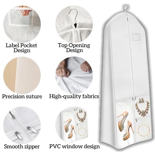 72" Long Wedding Dress Garment Bag with 10" Gusset, Bridal Gown Storage Cover with 4 Pockets, Dress Bag for Women Gowns,Prom,Ballgowns,White (72" x 24" x 10") - color: White and Clear