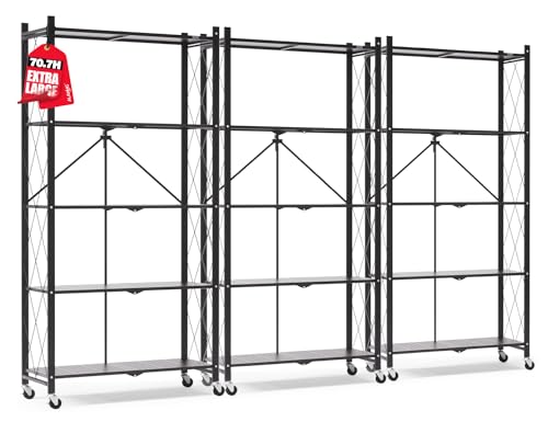ALANNG 70.7" H Metal Storage Shelves, 5 Tier Folding Shelf on Wheels | Heavy Duty, No Assembly, Rolling, Collapsible Rack Unit for Kitchen, Basement, Pantry (Black,3 Pack) - color: Black