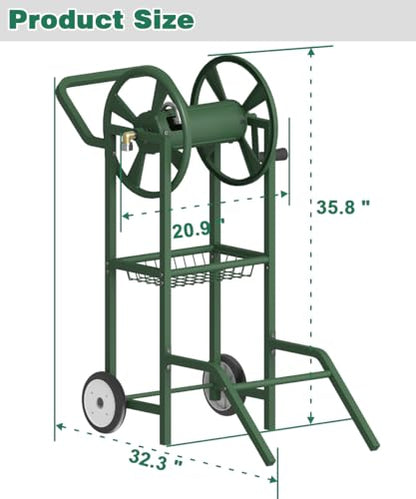 Hose Reel Cart with 2 Wheels, Garden Water Hose Holder Heavy Duty Powder Coated Steel Outdoor Winder Storage Holds 125 ft 5/8" Hoses with Basket and 3.9ft Leader Hose for Backyard, Green - color: Green