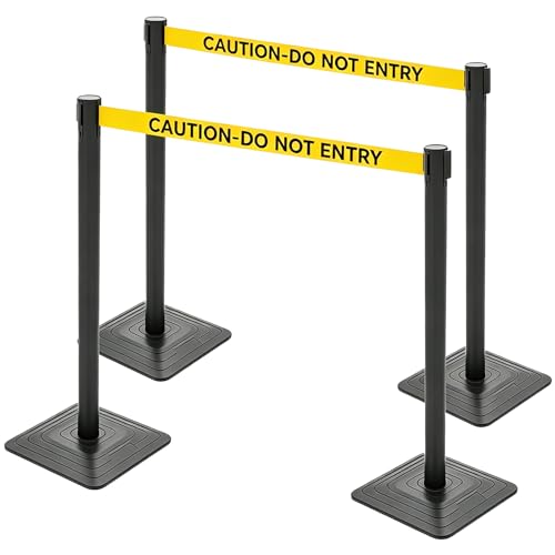 4 Pack Crowd Control Stanchions with 10FT Retractable Yellow Belt – 41" Black Queue Barriers with Heavy Rubber Base (Belt Printed “Caution-Do Not Enter”) for Hotel, Airport, Bank, Store, Event - color: CAUTION-DO NOT ENTER BELT