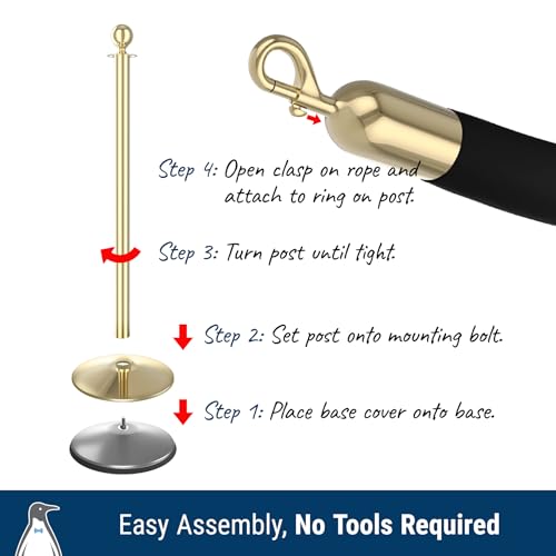 2 Post Polished Brass Urn Top Stanchion Kit, 1 Black 6' Rope - color: Polished Brass Ball Top / Black Rope, size: 3 Pieces