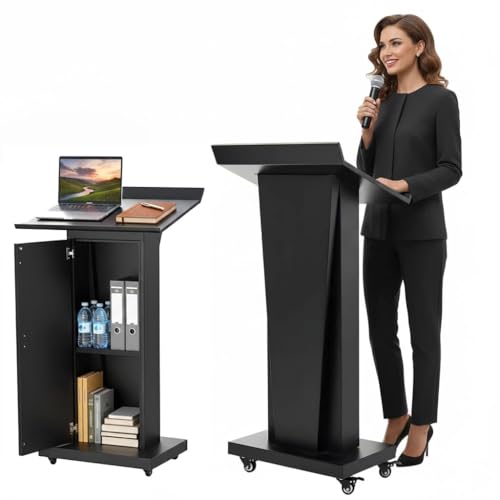 Metal Podium Stand with Wheels, 50.4"Heavy-Duty Mobile Metal Lectern with Storage Cabinets, Portable Pulpit for Church, School, Office and Conference - color: Black-01