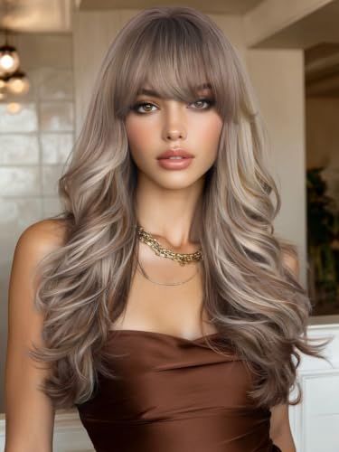 WIGER Long Brown Mixed Blonde Curly Wig With Bangs, Ombre Brown Highlight Blonde Synthetic Wigs, Layered Romantic Wavy Hair for Women Daily Party Use - color: Brown Mixed Blonde