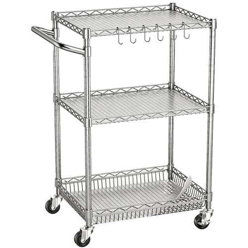 3 Tier Rolling Utility Metal Carts with Wheels Heavy Duty Cart 750Lbs | Adjustable Kitchen Storage Cart with Handle & Shelf Liner Commercial Service Trolley for Indoor & Outdoor Use - color: Silver（18d X 28w X 37h, 750lb）