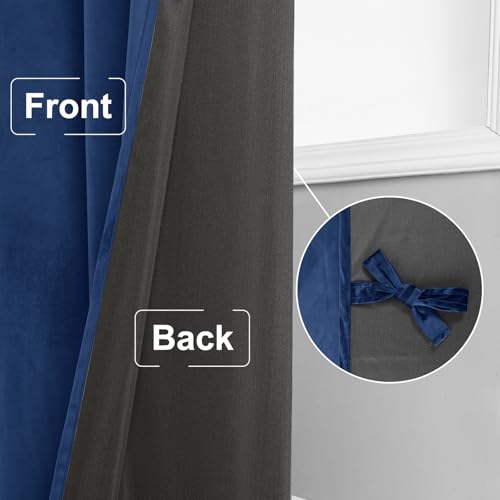 JIUZHEN Blue Velvet Blackout Curtains 42W x 63L 2 Panels with Tiebacks - color: Blue, size: 42"W x 63"L (Pack of 2)