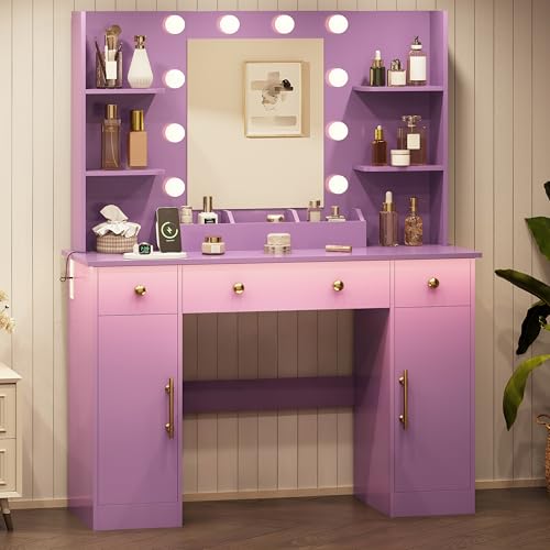 HUANLEGO Vanity Desk with Mirror and Lights, Makeup Vanity with Mirror and LED Lights & Power Outlet, 3 Drawers and Cabinets, 3 Lighting Modes Dressing Table Set for Girls Women Bedroom,Purple - size: 43.7x15.7x57.6 in, style: Purple