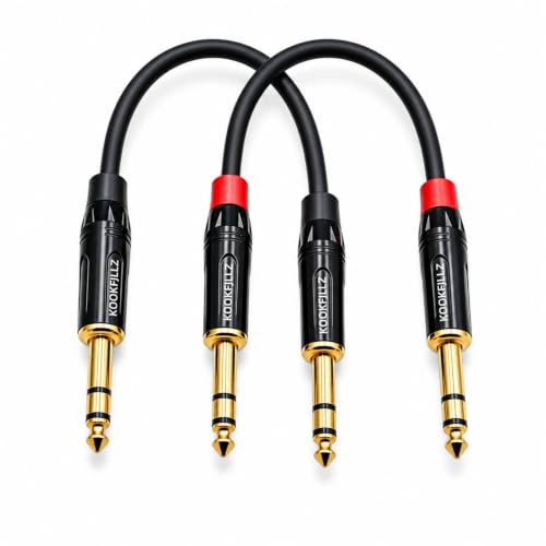 1/4 Inch TRS Balanced Cable 1 Foot (2-Pack) Male to Male - 20AWG OFC Professional Audio Patch Cable with 24K Gold-Plated Connectors for Studio Monitor, Audio Interface, DJ Mixer, Amplifier
