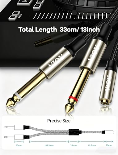 VIOY 3.5mm to Dual 1/4 Inch Audio Splitter Cable, Gold Plated 1/8" TRS Female to Dual Quarter Inch 6.35mm TS Mono Male Plug Braided Stereo Breakout Cable 35cm/13.8inch - size: 1 ft