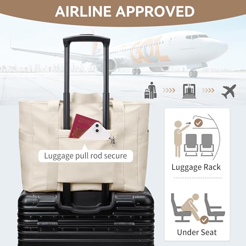 WLLWOO Large Tote Bag, 14” Laptop Work Travel Bag with Trolley Sleeve | Multi Pocket Water Splash Zipper Shoulder Handbag for Women Daily Nurse Gym Commute - color: Beige