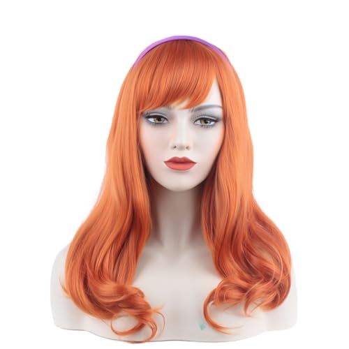 Long Curly Orange Daphne Wig Halloween Costume Party Wig for Adult (Free Purple Headband) - color: Orange