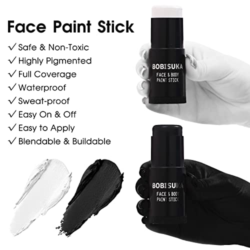 BOBISUKA Black & White Painting Kit - 2 Face Body Paint Sticks with 2 Paintbrushes & 2 Sponges Halloween Makeup Set for Clown Skeleton Skull Cosplay Special Effects Costume SFX , Eye Black for Sports - color: Black, White with Brushes + Sponges Set