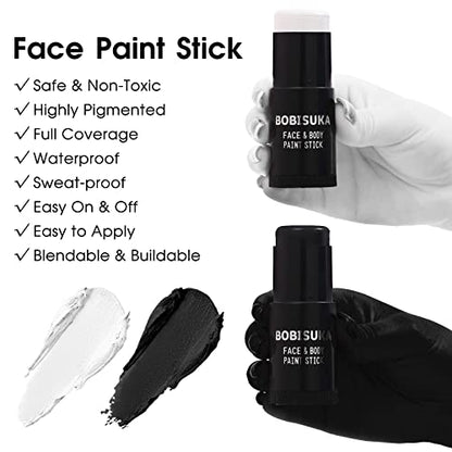 BOBISUKA Black & White Painting Kit - 2 Face Body Paint Sticks with 2 Paintbrushes & 2 Sponges Halloween Makeup Set for Clown Skeleton Skull Cosplay Special Effects Costume SFX , Eye Black for Sports - color: Black, White with Brushes + Sponges Set