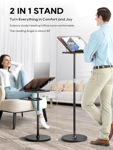 2 in 1 Adjustable Book Stand - Dual-Use Floor and Desktop Book Holder Stand, Height Adjustable 23.5-52 in, Elastic Page Clips for Music Sheet, Recipe, Tablet, Laptop-Black - color: Black