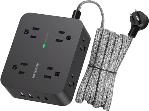 HANYCONY Surge Protector Power Strip, 1080J, 5 Ft Braided Extension Cord - color: Black, size: 5ft