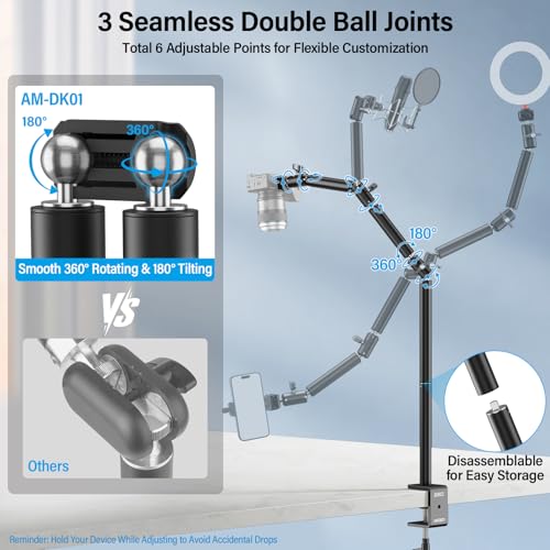 SIRUI 40" Overhead Desktop Mount w C-clamp, Heavy Duty Articulating Arm Camera Desk Mount, Flexible Magic Arm w Dual Ball Head, Boom Arm for Action Camera Ring Light Microphone Webcam Phone, AM-DK01