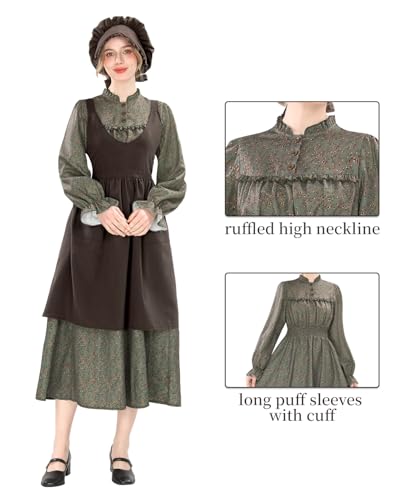 NSPSTT Prairie Dress Women Pioneer Dress Colonial Costume - color: Green Dress+brown Apron, size: Large