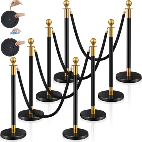 Ferraycle 8 Pcs 2026 Prom Stainless Steel Stanchion 5 ft Velvet Carpet Ropes and Pole Crowd Control Barriers Grand Opening Casino Movie Theme Party 360 Photo Booth Accessories (Black and Gold) - color: Black Gold