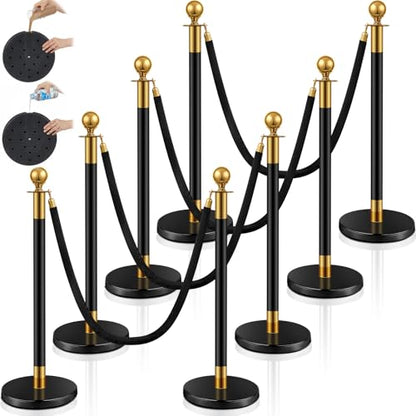 Ferraycle 8 Pcs 2026 Prom Stainless Steel Stanchion 5 ft Velvet Carpet Ropes and Pole Crowd Control Barriers Grand Opening Casino Movie Theme Party 360 Photo Booth Accessories (Black and Gold) - color: Black Gold