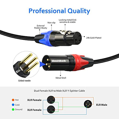 Smithok 1 Male to 2 Female XLR Y Splitter Micrphone Cable, 3 Pin XLR 2 Female to 1 Male, Combiner Y Cord Balanced Mic Audio Cables for Stero Mic to L&R Audio Track(11.8 inches/0.3m) - size: 11.8 inches/0.3m