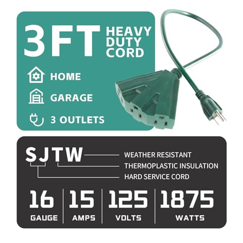 MaxWorks 51202 Heavy Duty 3-Ft Extension Cord (3 Pack), 16/3 SJTW, 3-Outlet, 125V/15A/1875W, ETL Approved, Indoor/Outdoor Use, Green – Converts 1 Outlet to 3 - size: 3-Pack