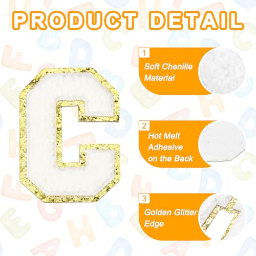 MECCANIXITY Chenille Letter Patches 3.1" Alphabet C Iron on Embroidered Patch Sew on Letter Stickers Applique for Repairing Clothing Jeans Shoes Hats DIY(White, Pack of 4) - style: Letter-C