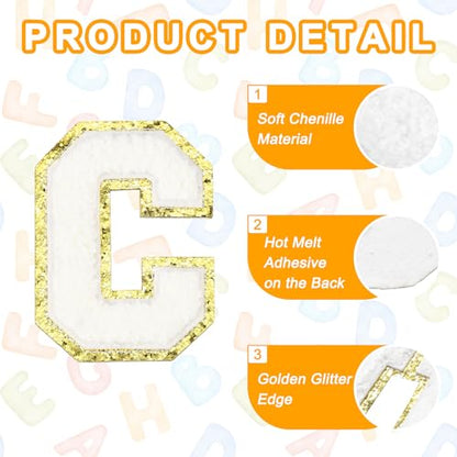 MECCANIXITY Chenille Letter Patches 3.1" Alphabet C Iron on Embroidered Patch Sew on Letter Stickers Applique for Repairing Clothing Jeans Shoes Hats DIY(White, Pack of 4) - style: Letter-C