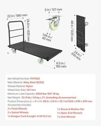 VEVOR Heavy Duty Platform Truck, 2000 LBS Industrial Steel Flatbed Cart with 360° Swivel Wheels, Platform Push Cart Dolly, Easy Storage for Warehouse/Garage/Moving/Garden (48" x 24" x 32") | Platform Truck with 360° Swivel Wheels, Foldable Push Cart Dolly