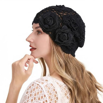 ZLYC Women Cotton Crochet Slouchy Beanie Hat Handmade Knit Summer Skull Cap | Lightweight breathable,boho casual chic look,travel photos festival party,café commute daily wear,beach concert gathering - color: Decorative Flowers Black