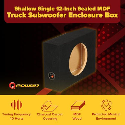 Q-Power Shallow Single 12 Inch Heavy Duty Sealed MDF Material Truck Audio Subwoofer Enclosure Box with Durable Carpeted Exterior, Charcoal Gray - style: 12" Sealed