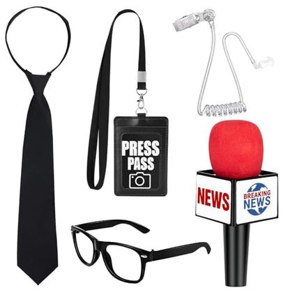 Journalist News Reporter Costume Accessories for Adult/Kids,News Reporter Set with Fake News Microphone Prop Press Pass Glasses Tie for Halloween Cosplay