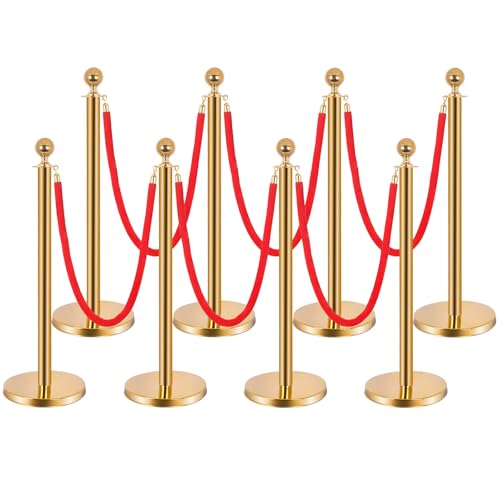8-Pack Stainless Steel Stanchions and Velvet Ropes (6 Red 5ft), Sand-Filled Crowd Control Barriers for Weddings, Exhibitions, Events(Gold) - color: Gold, size: 8-Pack