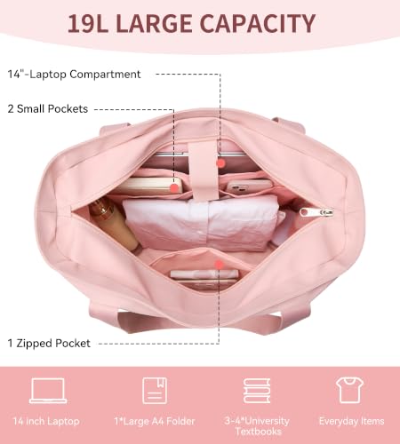 WLLWOO Large Tote Bag, 14” Laptop Work Travel Bag with Trolley Sleeve | Multi Pocket Water Splash Zipper Shoulder Handbag for Women Daily Nurse Gym Commute - color: Pink