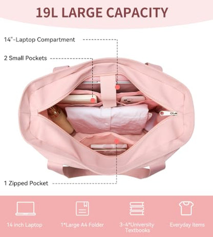 WLLWOO Large Tote Bag, 14” Laptop Work Travel Bag with Trolley Sleeve | Multi Pocket Water Splash Zipper Shoulder Handbag for Women Daily Nurse Gym Commute - color: Pink
