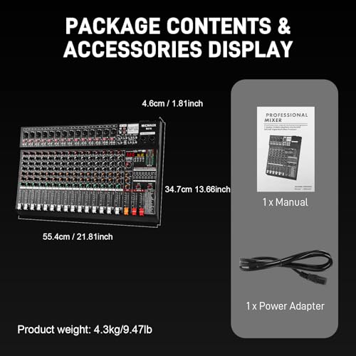 Audio Mixer 16 Channel Professional Sound Console Music Mixer with 320 DSP Effects, 7-band EQ DJ Mixing Board w/USB, Bluetooth, 48V Power Supply, PAD Button for Recording Karaoke PA Drum Live - size: 16 Channel - 21.8in