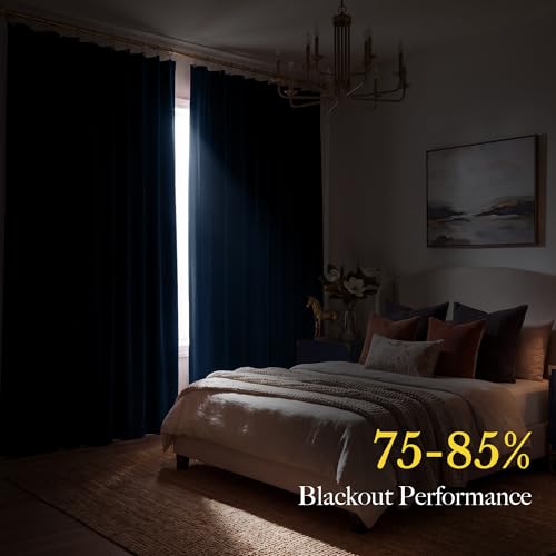 RYB HOME Navy Blue Velvet Blackout Curtains 84 inches Long for Bedroom | Thermal Insulated, Room Darkening, UV Privacy Block, With Hook Belt, Back Tab, Living Dining Room, W52 x L84, 2 Panels - color: Navy Blue, size: 52"W x 84"L (Pack of 2)