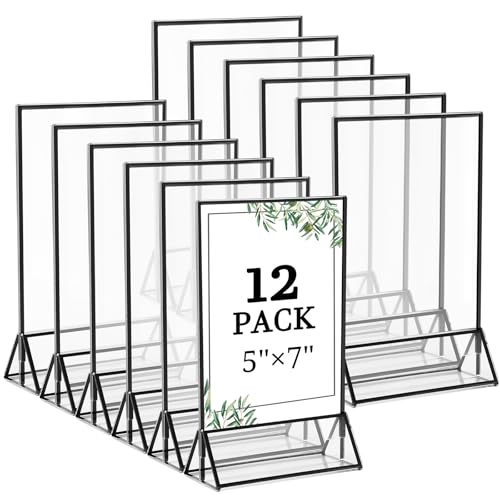 Floroom 12 Pack 5x7 Inch Clear Acrylic Sign Holders, Double-Sided Black Display Stand Picture Frames for Table Numbers, Menus, Flyers, Weddings, and Offices - color: Black, size: 5" x 7"- 12 Pack