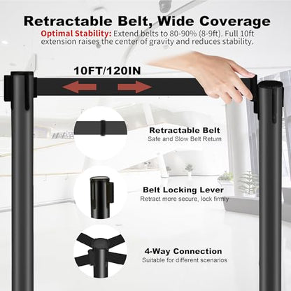 8 Pack Stanchions with 10 ft Retractable Belts Crowd Control Barriers, Heavy-Duty Rectangle Base Stanchions for Queue Management in Airports, Theaters, Hotels, and Retail Stores(Black, 8 Pack) - color: Black