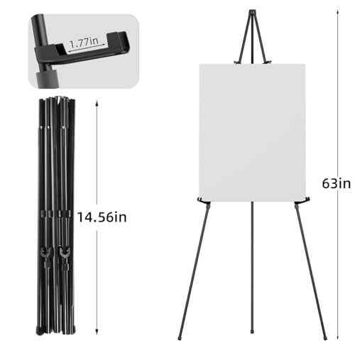 Easel Stand for Sign, 63" Portable Metal Floor Easel for Display with Carry Bag, Lightweight Foldable Tripod Easel Stand for Wedding Sign Poster Art Painting, Adjustable Height, Holds 5 lbs, Black (1)