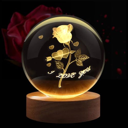Flexzion 3D Rose Crystal Ball Night Light - LED Light Hologram Glass Lamp with Solid Wood Base, USB Powered Crystal Ball Lamp with Adjustable Brightness for Home Decor Display Gift, 2.4inch(60mm) | Rose Lamp with Solid Beech Wood Base and Adjustable Brigh