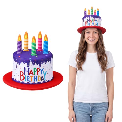Cuffbow Happy Birthday Cake Hat for Adults Funny Birthday Hat with Candles Novelty Cake Hats for Party Headwear Unisex - color: Purple and Red