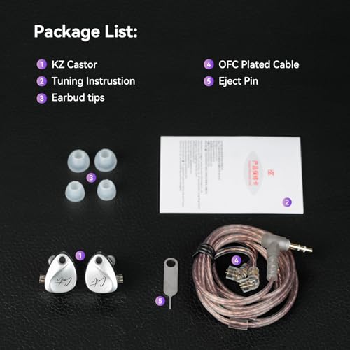 KZ Castor in Ear Monitor Headphones with Mic, HiFi Improved Bass Earphone Sound Tunable Noise Isolating IEMs, Dual-Dynamic Driver Wired Earbuds, 2PIN-C Detachable Cable for Singers Musicians - color: BassBlack, style: with Mic
