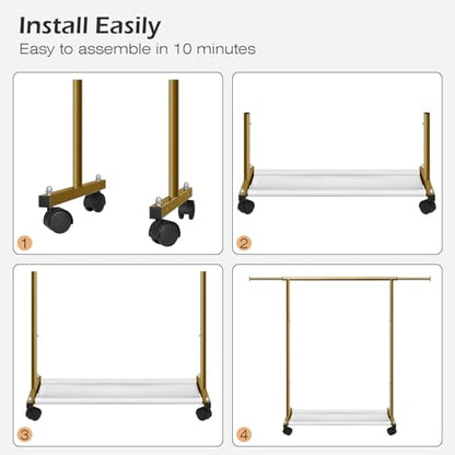 MISSLO Short Clothing Racks for Hanging Clothes with Bottom Shelves and Wheels Heavy Duty Rolling Clothes Rack Kids Clothing Rack for Adult Coat, Closet, Wardrobe (Gold) - color: Gold