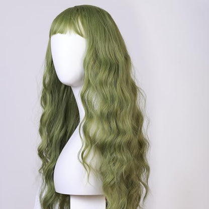 Green Curly Wig with Bangs for Women, 31 Inch Synthetic Cosplay Wig, Natural Looking Wavy Wig with Wig Cap for Parties, Role Play and Dress Up - color: Green