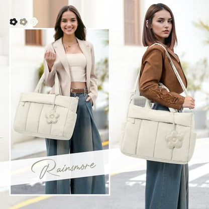 RAINSMORE Laptop Tote Bag for Women Puffer Work Bag Quilted Travel Bags - color: Beige