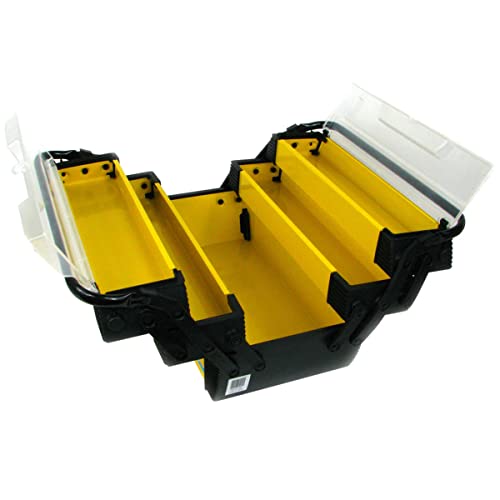 Portable Tool Box - Storage Compartments for Tools, Parts, Crafting Supplies or Tackle by Stalwart - Cantilever Toolbox, 18"L x 11.8"W x 8.25"H, Black/Yellow | Tacklebox with 3 Tiers of Trays, 5 Compartments for Tools, Parts Organizer, Crafting Supplies,